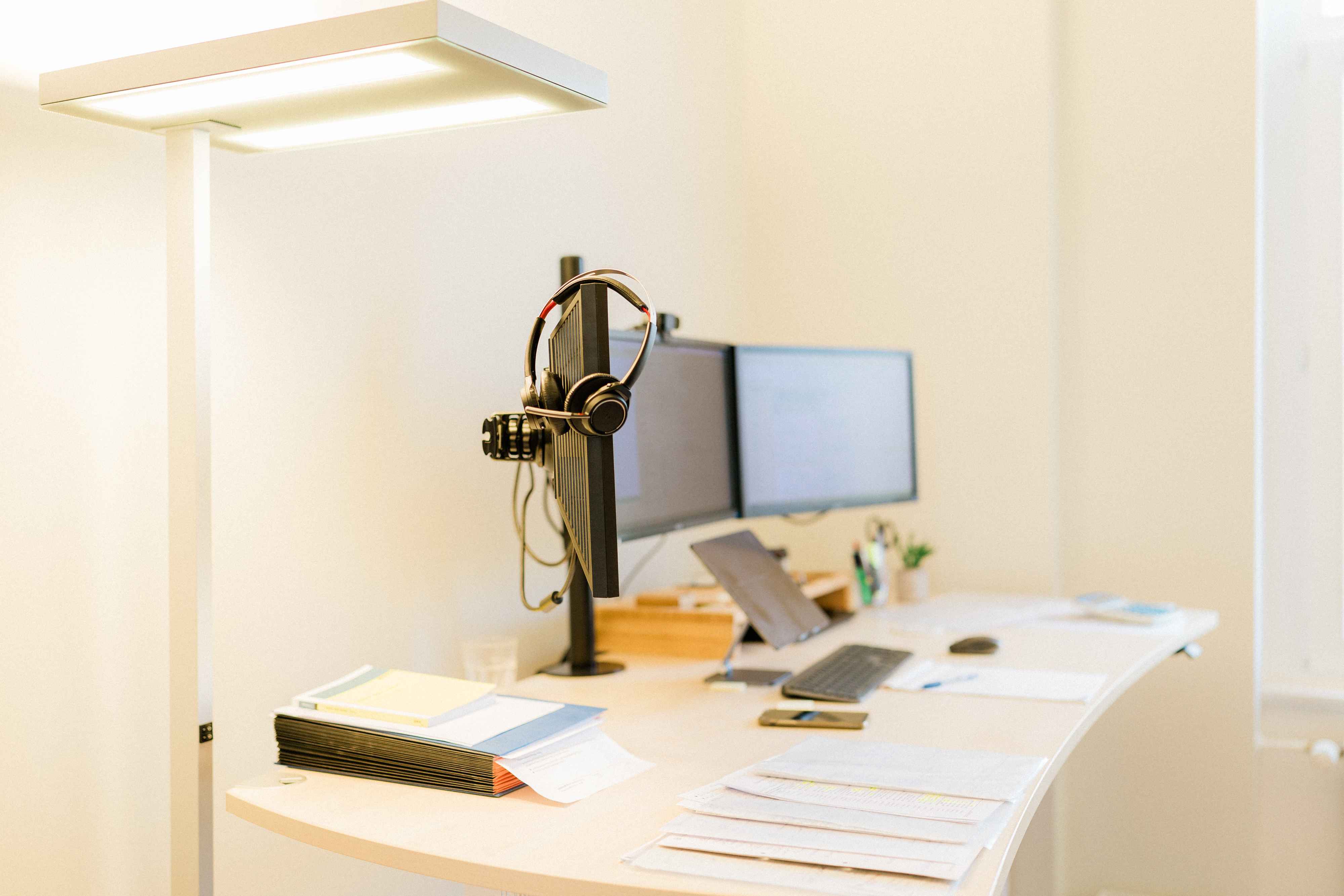 oderner Arbeitsplatz mit Laptop und Büropflanze, symbolisiert die attraktiven Benefits und den sicheren Arbeitsplatz bei FRP.tax.