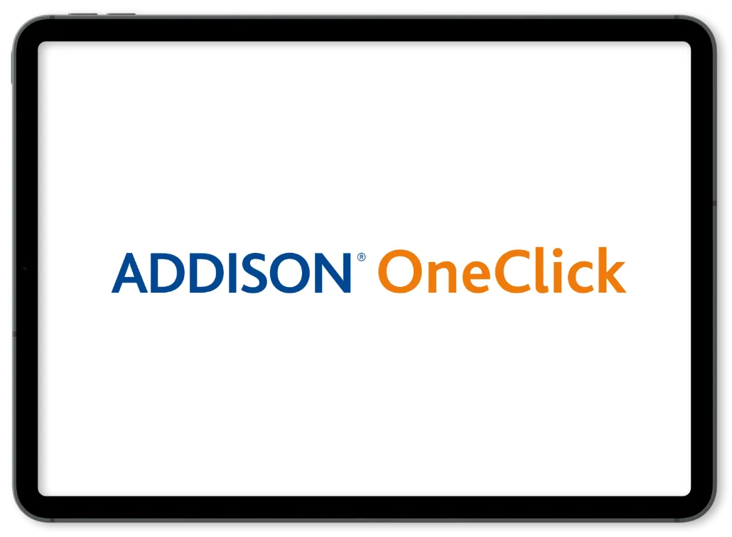 Logo von ADDISON OneClick auf einem digitalen Bildschirm, repräsentiert die Softwarelösungen für die Mandanten von FRP.tax.